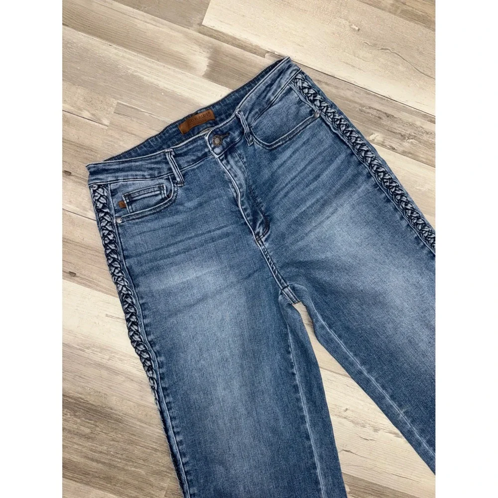 Judy Blue Wide Leg Jeans Women Medium Wash Braided Side Detail 13/31 JB88850 MD